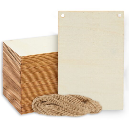 Bright Creations; Bright Creations Unfinished Wood Craft Blanks - 3.75 x 5.75 in, Pack of 50 - Jute String Included for Blank Wood Signs & Banners - Great for Stenciling, String Art & DIY Painting - Wooden Plaques Bulk; Category:Craft Kits; Image:1